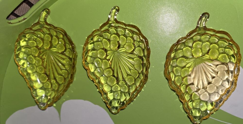 Lot of 3 Vintage Anchor Hocking Yellow Topaz Grape Leaf Bubble Glass Dishes 1940